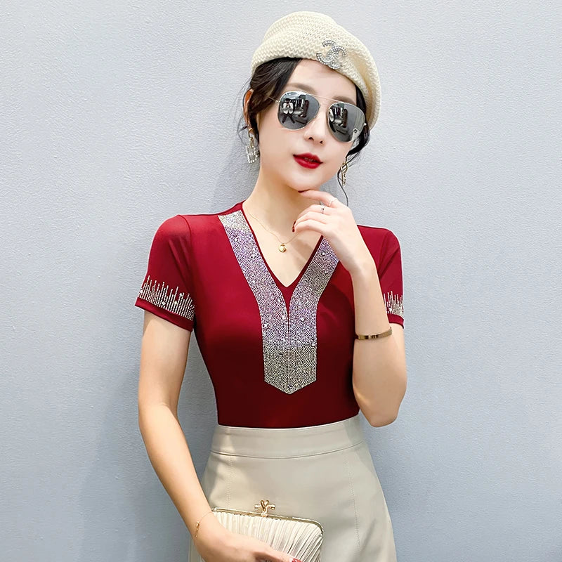 Rhinestone V Neck T-Shirt Women Summer Short Sleeve Slim Blouse Fashion Casual Stretch Mesh Top