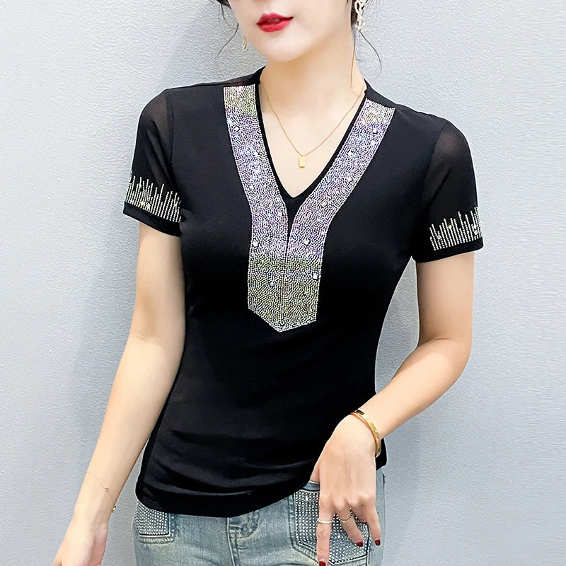 Rhinestone V Neck T-Shirt Women Summer Short Sleeve Slim Blouse Fashion Casual Stretch Mesh Top