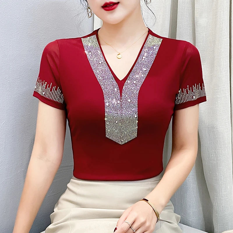 Rhinestone V Neck T-Shirt Women Summer Short Sleeve Slim Blouse Fashion Casual Stretch Mesh Top