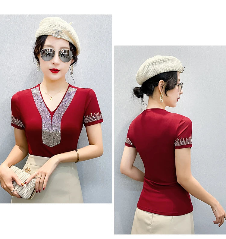 Rhinestone V Neck T-Shirt Women Summer Short Sleeve Slim Blouse Fashion Casual Stretch Mesh Top
