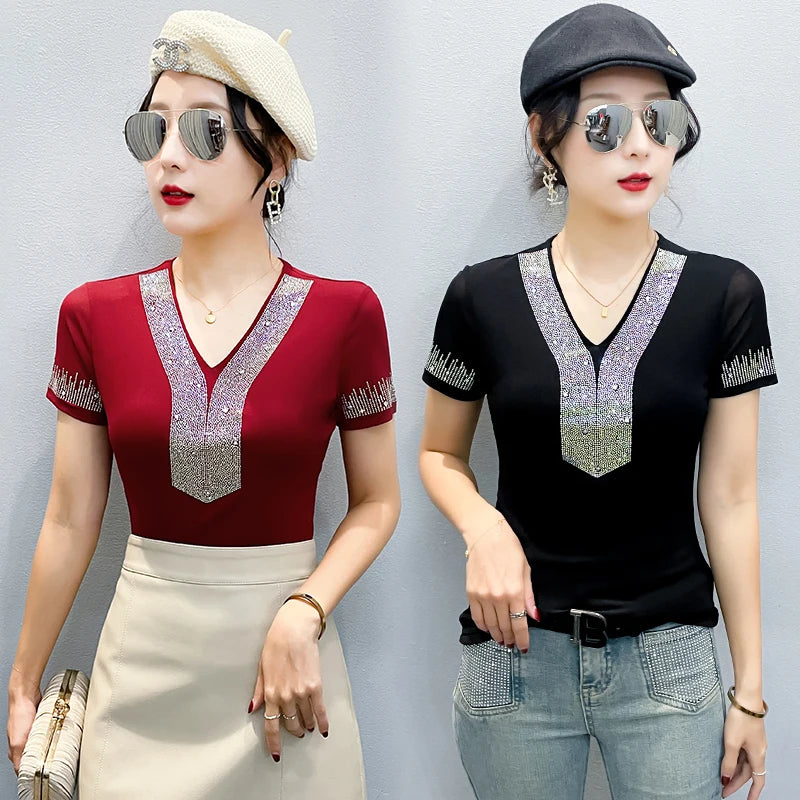 Rhinestone V Neck T-Shirt Women Summer Short Sleeve Slim Blouse Fashion Casual Stretch Mesh Top