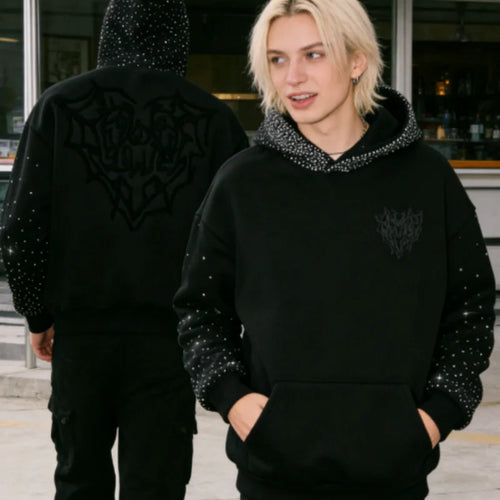 Rhinestone Embellished Hoodie Men Women Gothic Embroidery Sparkle Sleeve & Hood Pullover Fall Winter Y2K Streetwear